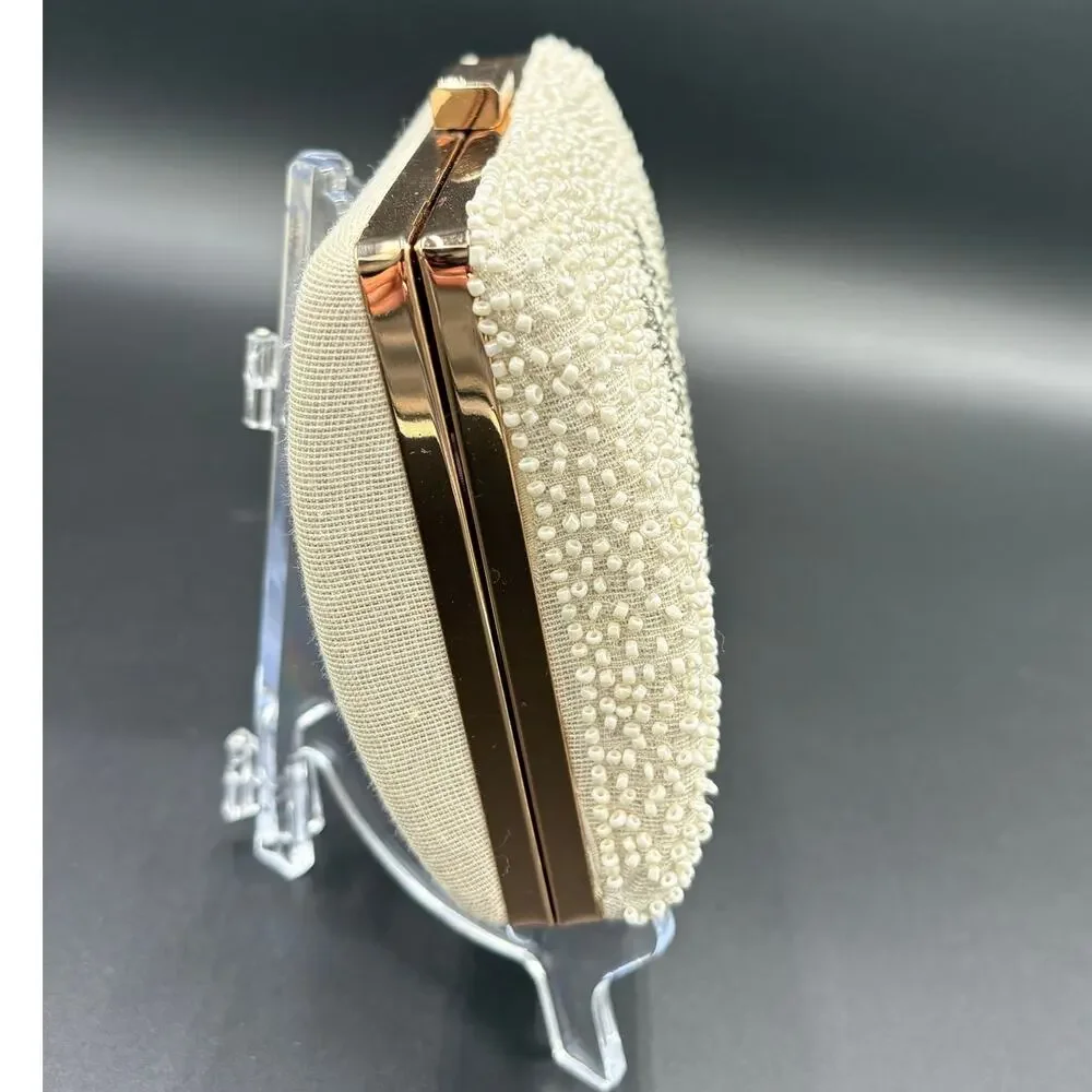 Beaded 'Mrs' Clutch in Ivory with Silver Script
